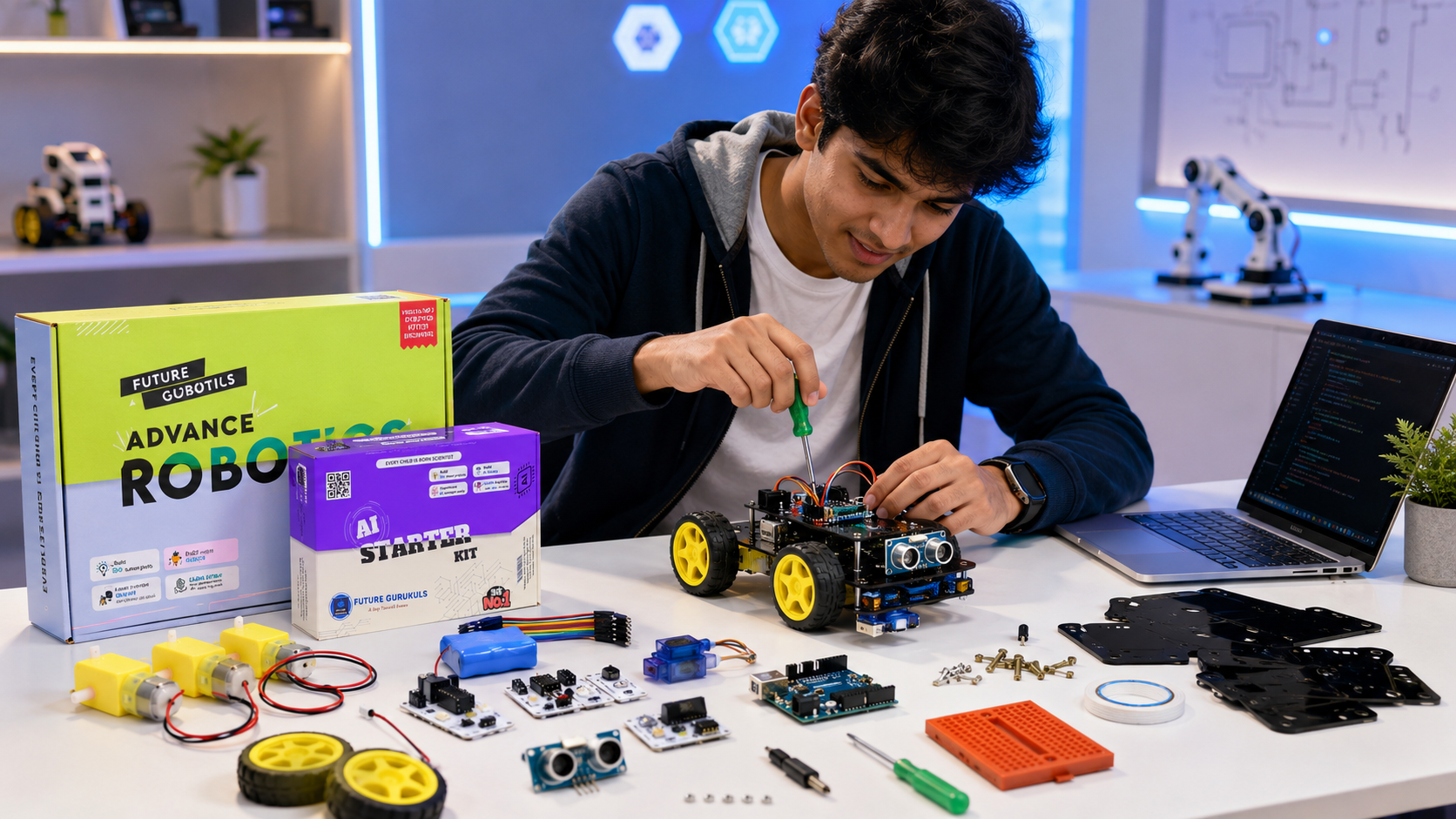 Candidate working with sensors, wires and robotics components