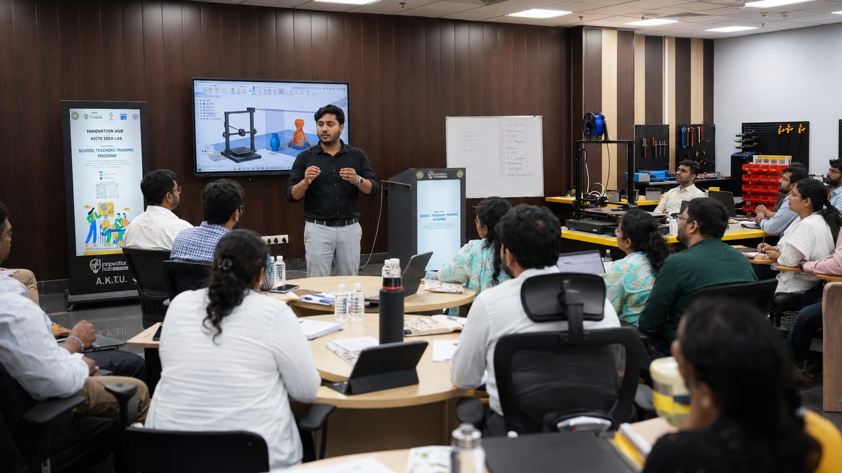 Trainer conducting a live teaching demo for a classroom of teacher-candidates