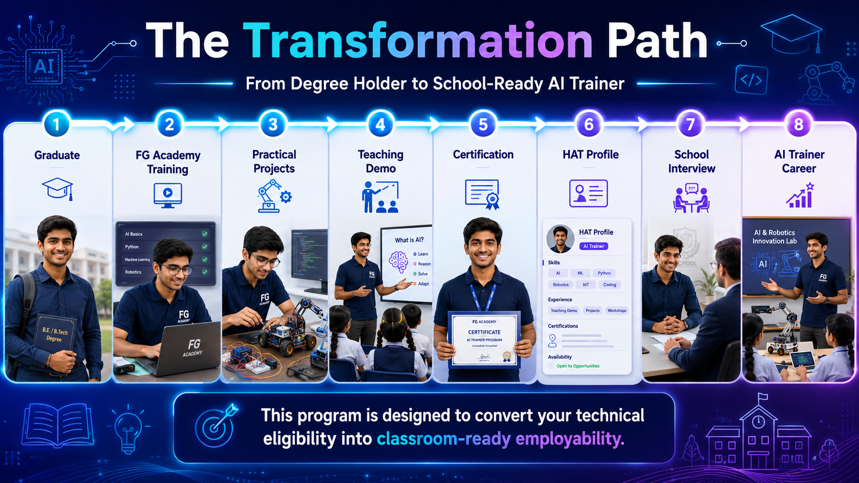 The Transformation Path: Graduate to FG Academy Training, Practical Projects, Teaching Demo, Certification, HAT Profile, School Interview, and AI Trainer Career — converting your technical eligibility into classroom-ready employability.